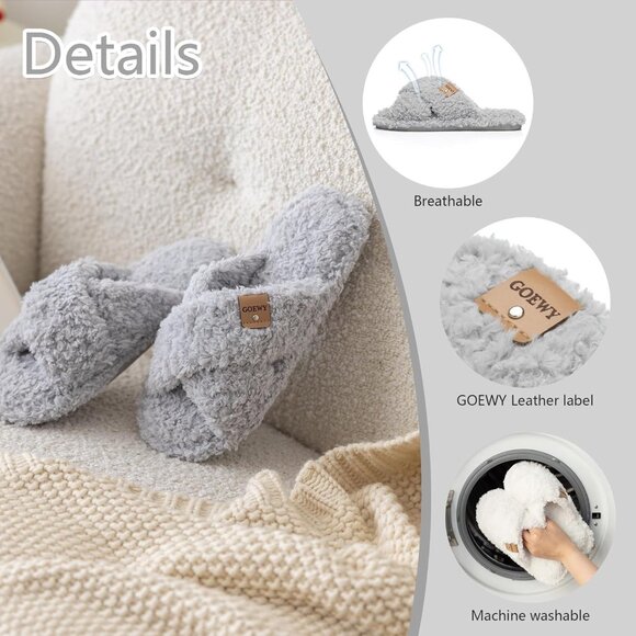 ⚡Women’s Light Grey Faux Fur Cozy Fuzzy Cross Band Slippers House Shoes - Picture 4 of 6